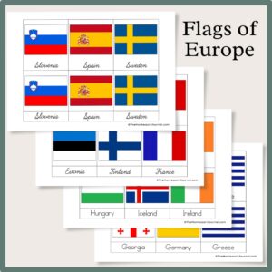 Four sheets of paper showing the flags of 12 European countries stacked on top of each other.