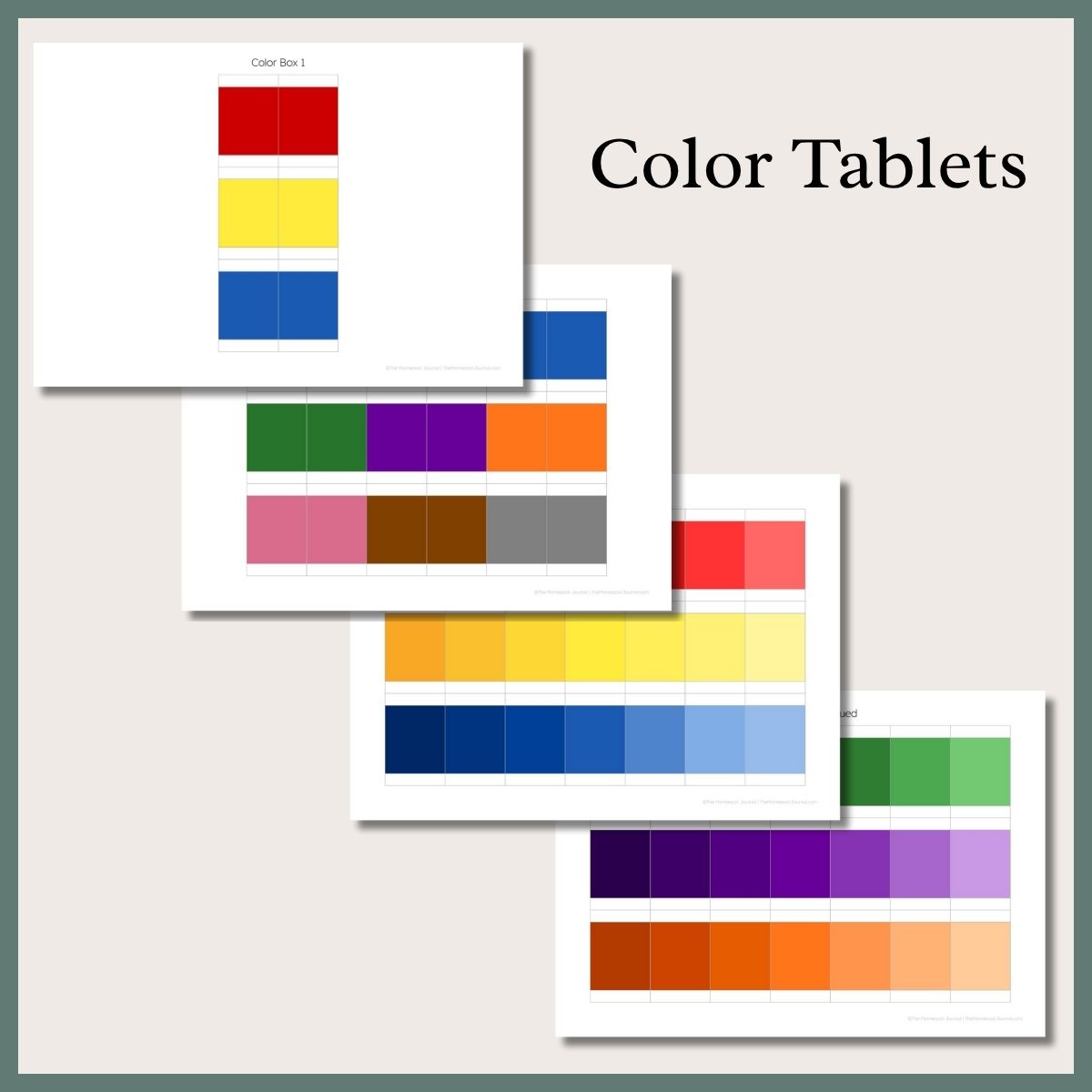 Montessori Color Tablets printable set showing color gradients and matching pairs in red, yellow, blue, green, orange, purple, brown, pink, and gray on white backgrounds.