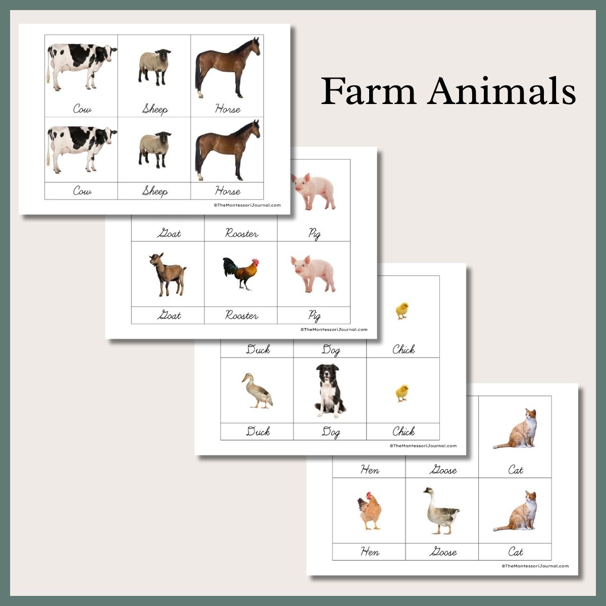 Montessori farm animal 3-part cards featuring cow, sheep, horse, goat, rooster, pig, duck, dog, chick, hen, goose, and cat with matching labels