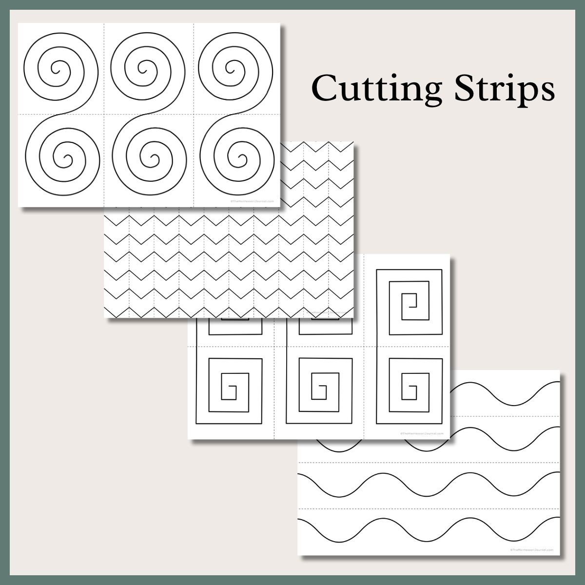 Montessori cutting strips printable featuring four pages with different scissor practice patterns, including spirals, zigzags, squares, and wavy lines, displayed on a beige background with a green border and the title “Cutting Strips.