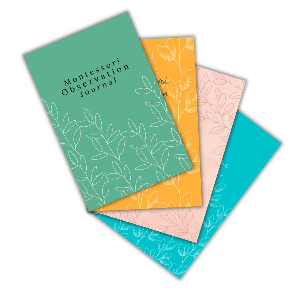 Stack of colorful Montessori Observation Journals with minimalist leaf designs on pastel and vibrant covers, arranged in a fan shape on a blank background.