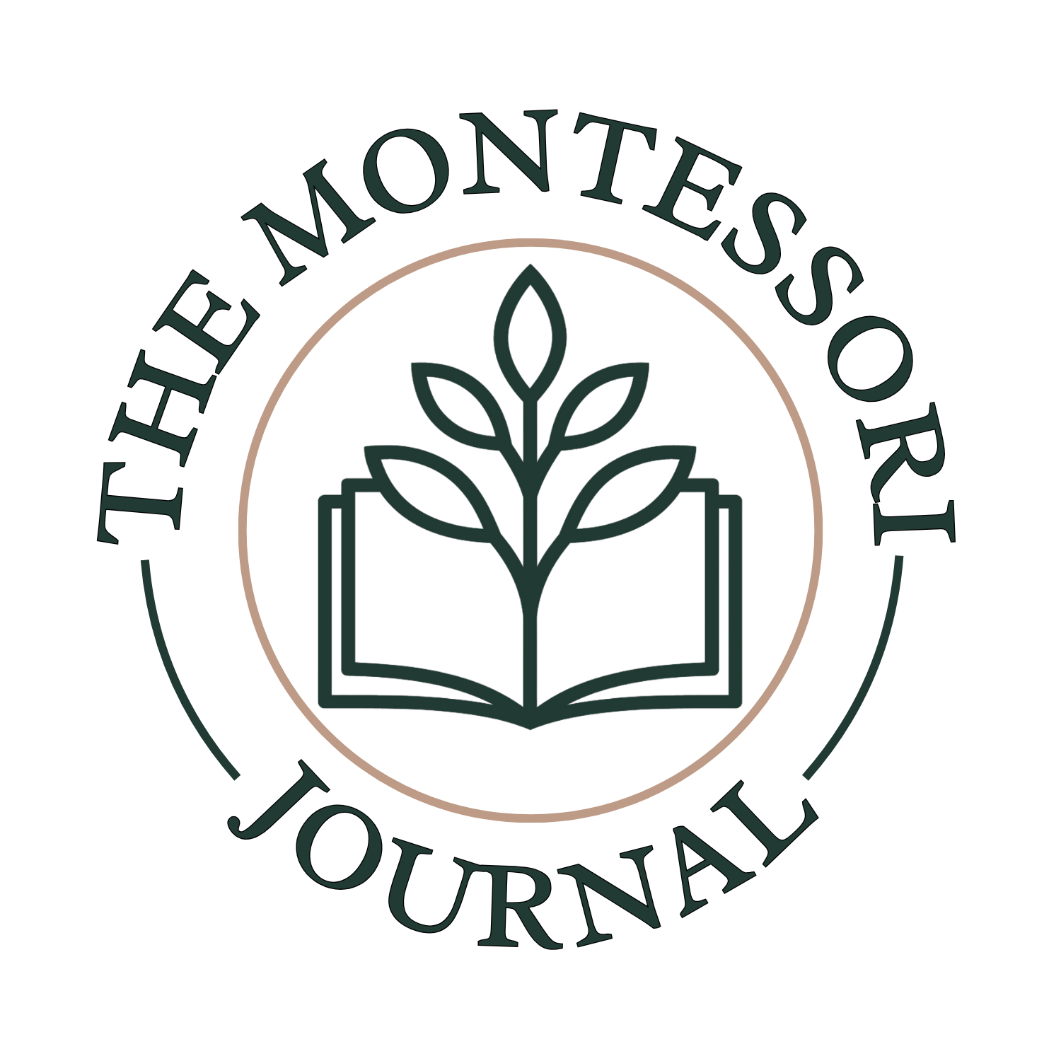 Circular logo for The Montessori Journal featuring an open book with a sprouting plant in the center, symbolizing growth and learning. The text ‘The Montessori Journal’ surrounds the image in an elegant serif font with green and beige tones.