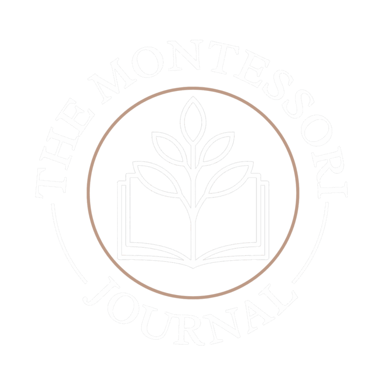 Circular logo for The Montessori Journal featuring an open book with a sprouting plant in the center, symbolizing growth and learning. The text ‘The Montessori Journal’ surrounds the image in an elegant serif font with green and beige tones.