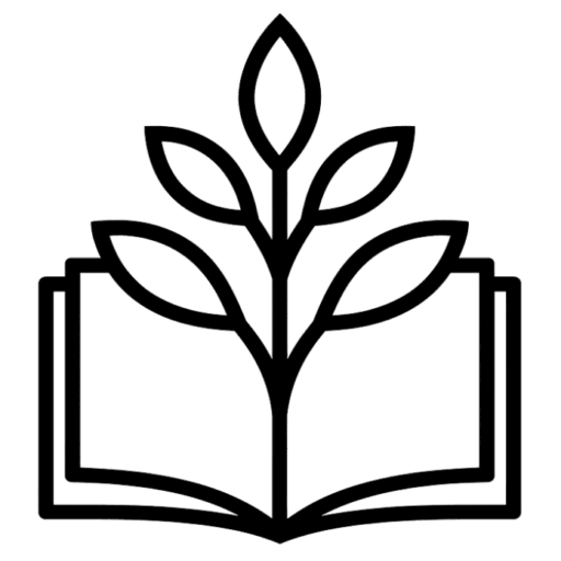 Minimalist black logo of an open book with a symmetrical plant growing from its pages, symbolizing learning and growth for The Montessori Journal.