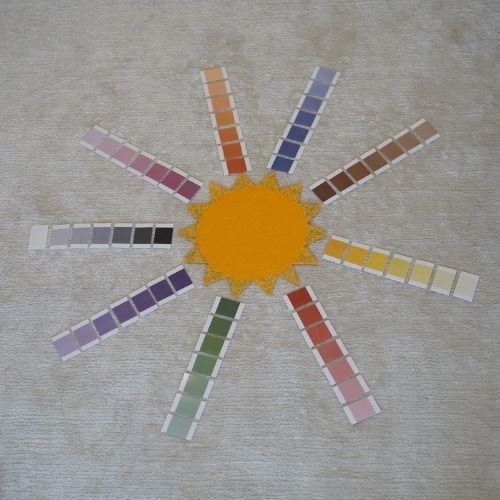 Montessori color tablets arranged in a sunburst pattern with a yellow felt sun in the center, showing different color gradients from light to dark in each hue.