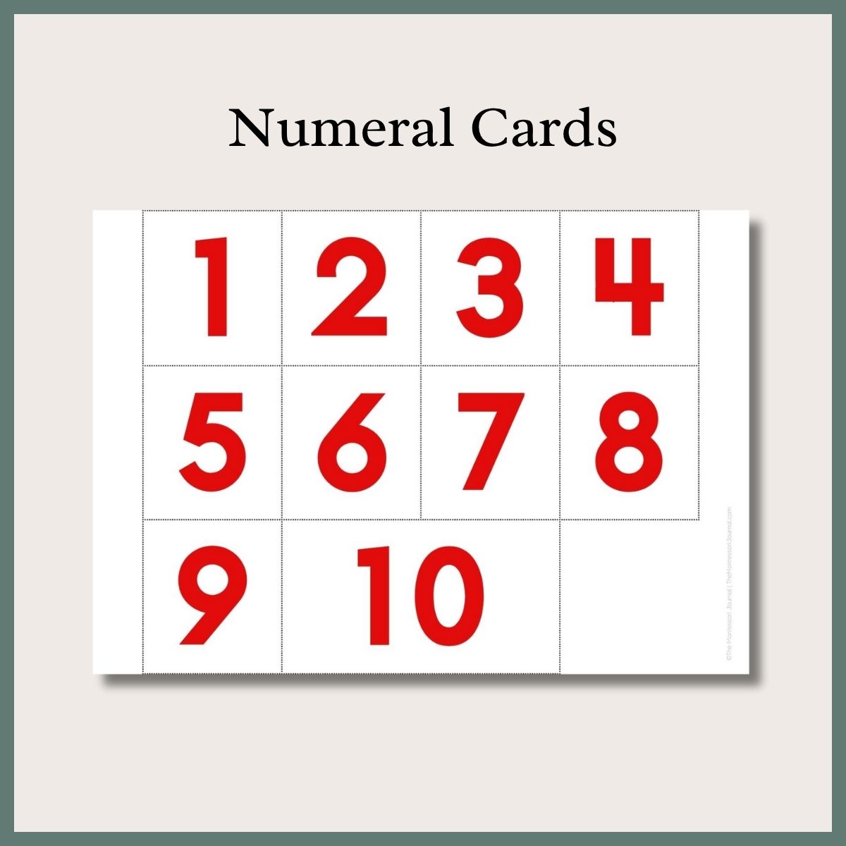 Montessori Number Rods and Numerals printable cards showing numbers 1 to 10 in red, designed for hands-on math learning and counting practice at home or in the classroom.
