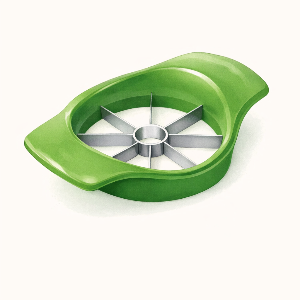 Green apple slicer and corer used for Montessori food preparation and practical life activities at home