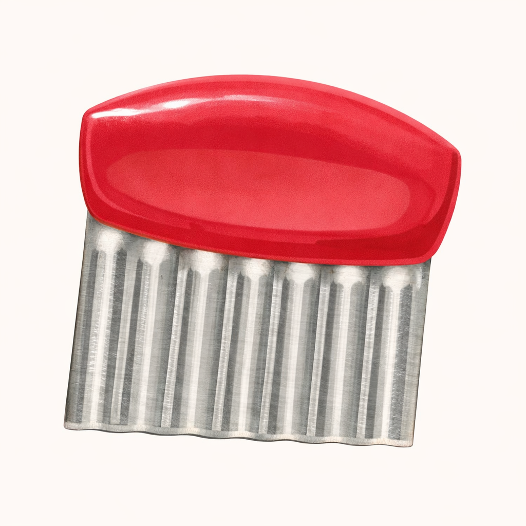 Red-handled crinkle cutter knife used for Montessori food preparation and practical life activities at home.