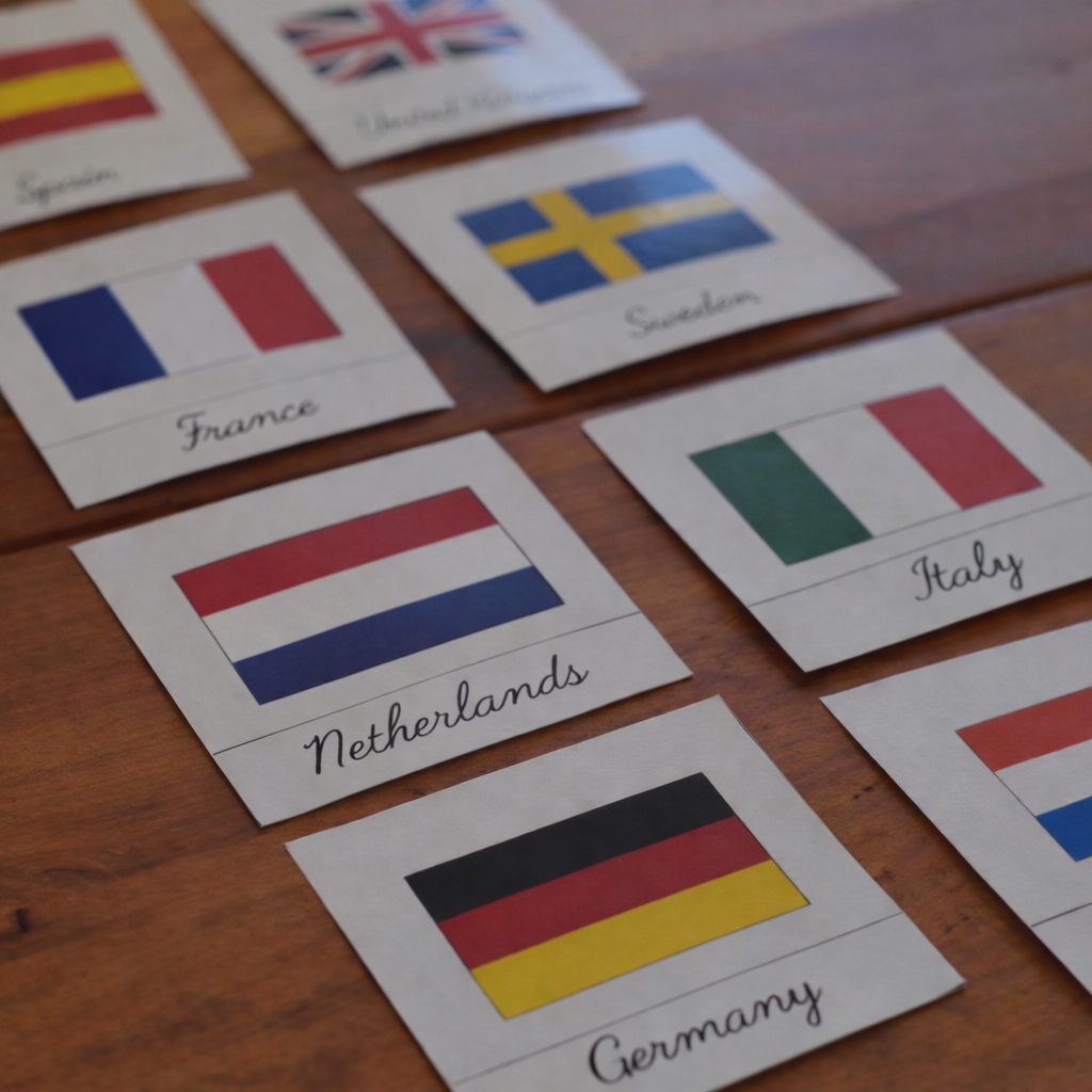 Montessori European country flags flashcards displayed on a wooden table, featuring France, Netherlands, Germany, Italy, Sweden, and Spain with cursive country names for hands-on geography learning and homeschool activities.