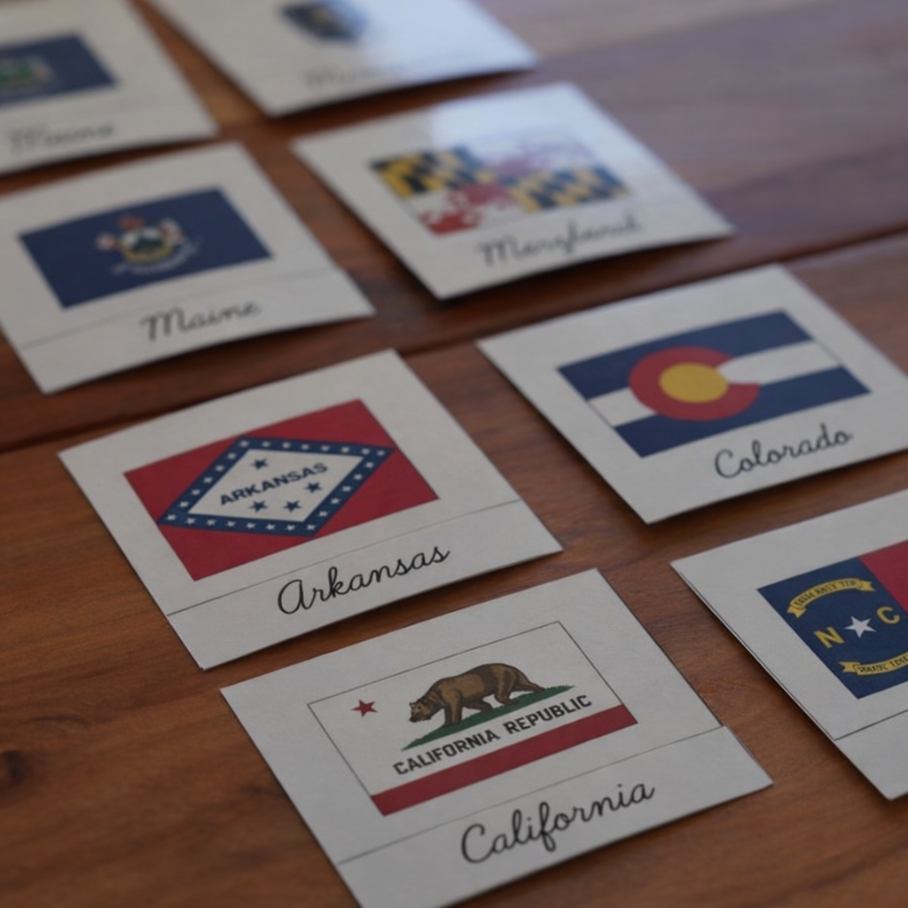Montessori U.S. state flags flashcards displayed on a wooden table, featuring Arkansas, California, Colorado, Maine, and Maryland with cursive state names for hands-on geography learning and homeschool activities.