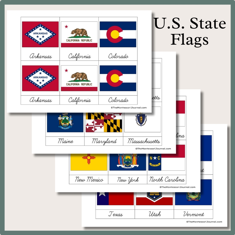 Montessori U.S. state flags printable cards featuring Arkansas, California, Colorado, Maine, Maryland, Massachusetts, New Mexico, New York, North Carolina, Texas, Utah, and Vermont for hands-on geography learning and homeschool activities.