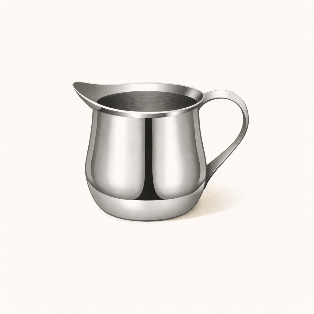 Stainless steel mini pouring pitcher on neutral background for pouring liquids