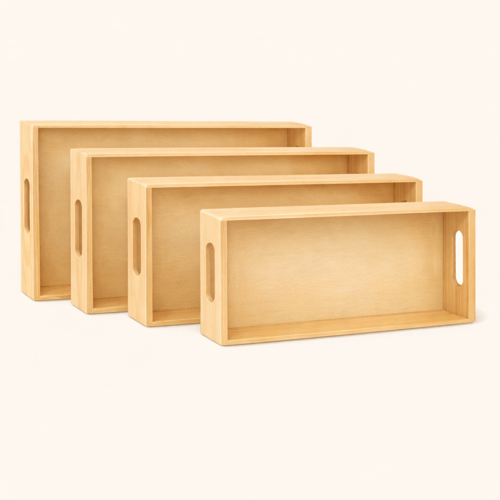 Wooden trays used for Montessori practical life activity setup and material organization